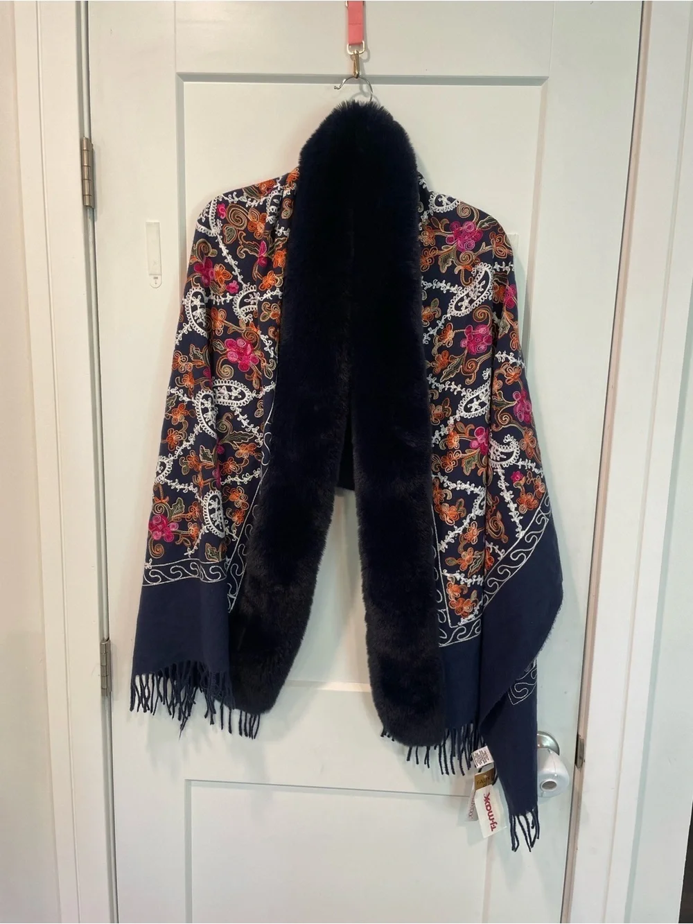 Jessica McClintock Navy Floral Paisley Shawl with Blue Faux Fur Collar